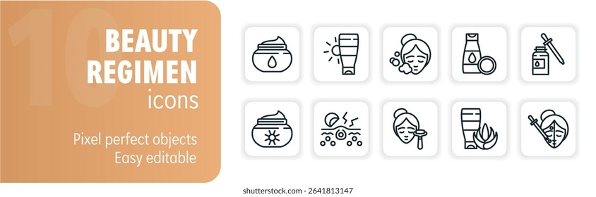 Ten icons showing a woman performing her beauty routine, with steps such as cleansing, moisturizing and treating