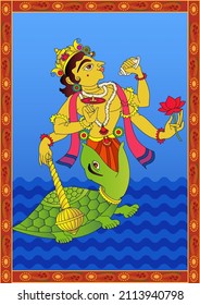 The ten incarnations of Lord Vishnu, 'Dashavtar' from Hindu Mythology. which he took to save the world from evil forces. 'Kurma'