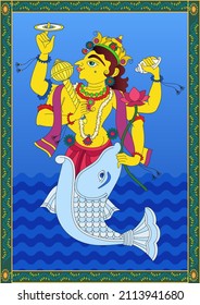 The ten incarnations of Lord Vishnu, 'Dashavtar' from Hindu Mythology. which he took to save the world from evil forces. 'Matsya'