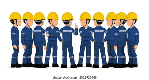 Ten industrial workers have a meeting on white background