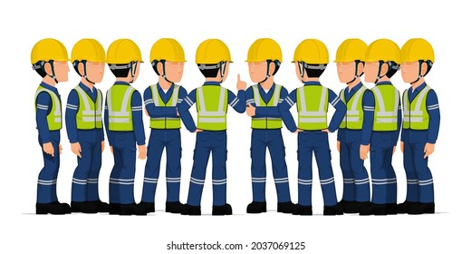 Ten industrial workers have a meeting on white background