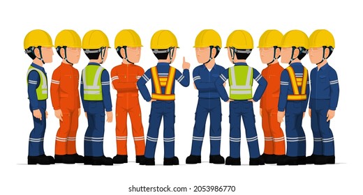 Ten industrial workers have a meeting on white background