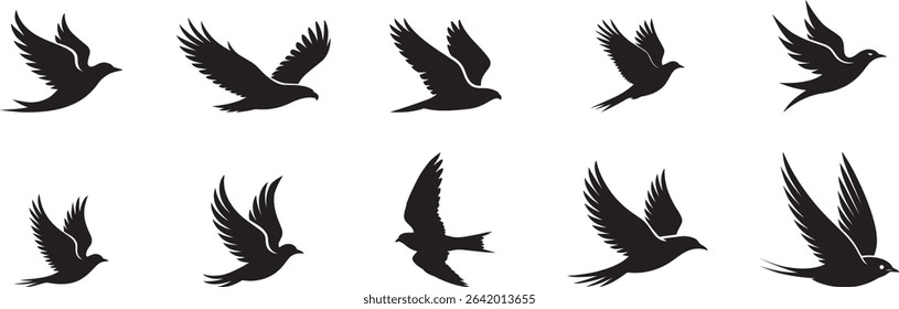 Ten isolated bird silhouettes in flight, perfect for graphic design projects.  These high-quality vector illustrations depict birds soaring freely, representing freedom and nature.