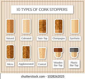 Ten isolated patches with different kinds of cork stopper. Flat design corks and title for each type on striped vintage background. Retro style vector illustration for sticker, label or web decoration