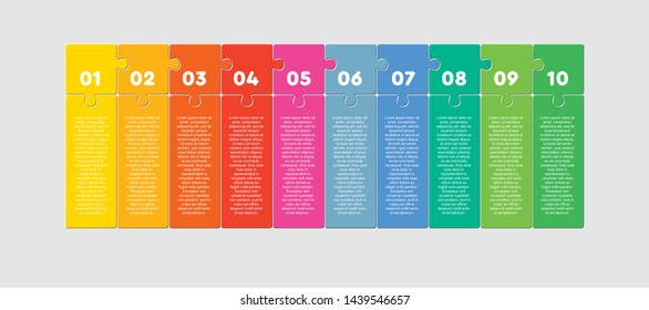 Ten jigsaw puzzle pieces web banner template with text space. Puzzle parts isolated vector illustrations set. Business presentation, creative data visualization idea. Square frames with copyspace.