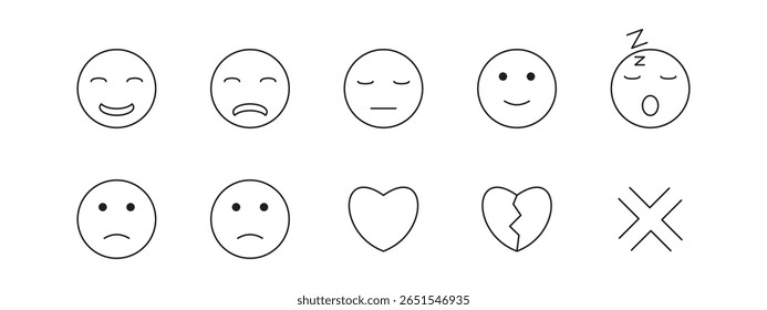 Ten line art icons featuring various facial expressions whole and broken hearts and an X symbol