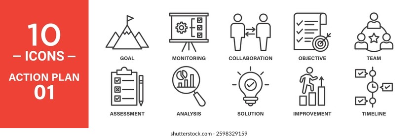 Ten line icons depict action plan elements: goal setting, monitoring progress, teamwork, collaboration, objectives, assessment, analysis, solutions, improvement, and timeline.