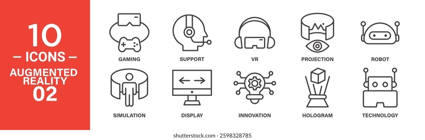 Ten line icons depict augmented reality concepts: gaming, support, VR, projection, robot, simulation, display, innovation, hologram, and technology.