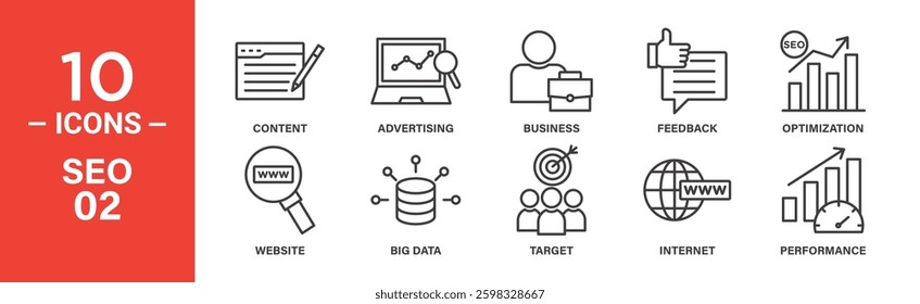 Ten line icons depict key SEO concepts: content creation, advertising, business strategy, feedback analysis, optimization, website analysis, big data, target audience, internet presence