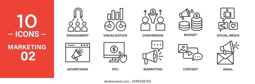 Ten line icons depict key marketing elements: engagement, visualization, conversion, budget, social media, advertising, PPC, marketing strategies, content, and email marketing.
