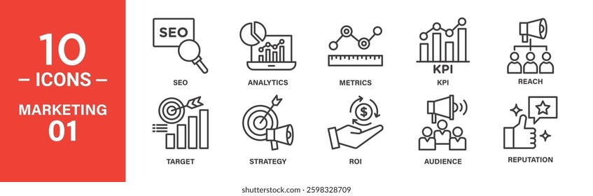 Ten line icons depict key marketing concepts: SEO, analytics, metrics, KPIs, reach, target marketing, strategy, ROI, audience engagement, and reputation.
