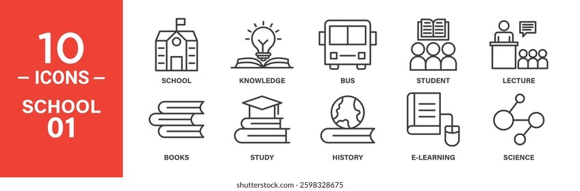Ten line icons depict school, books, knowledge, bus, students, lectures, study, history, e-learning, and science.