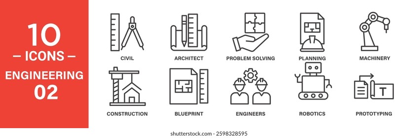 Ten line icons depict various engineering fields: civil, architecture, problem-solving, planning, machinery, construction, blueprint, engineers, robotics, and prototyping.