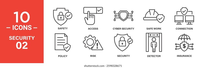 Ten line icons depict various security aspects: safety, access control, cyber security, safe work practices, network connection, security policy, risk management, detectors, and insurance.