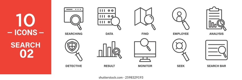 Ten line icons depict various search methods: web, data, map, employee, analysis, document, detective work, results, monitor, and search bar.