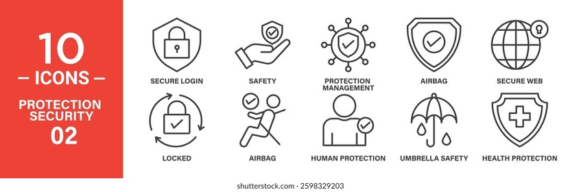 Ten line icons depict various protection and security measures: login, safety, management, airbags, web security, and health protection.
