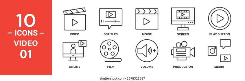 Ten line icons depict video-related elements: play button, movie clapper, film reel, screen, subtitles, online video, volume control, media camera, and production.