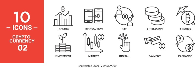 Ten line icons depicting cryptocurrency concepts: trading, transaction, peer-to-peer, stablecoins, finance, investment, market, digital, payment, exchange.