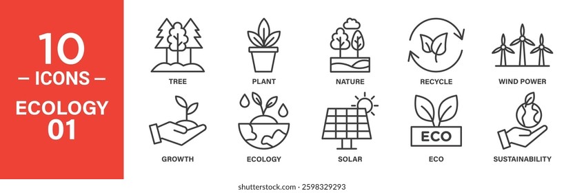 Ten line icons depicting ecological themes: trees, plants, recycling, solar energy, wind turbines, growth, and sustainability.
