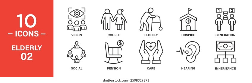Ten line icons depicting elderly people, their relationships, healthcare, finances, and generational aspects.