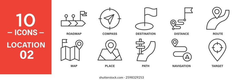 Ten line icons depicting location concepts: roadmap, compass, destination, distance, route, map, place, path, navigation, target.
