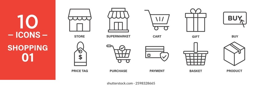 Ten line icons depicting various shopping elements: store, supermarket, cart, gift, buy button, price tag, purchase, payment, basket, product box.