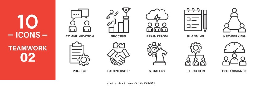 Ten line icons illustrate key teamwork aspects: communication, success, brainstorming, planning, networking, project management, partnership, strategy, execution, and performance.
