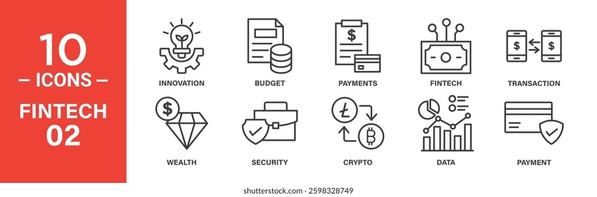 Ten line icons illustrate key Fintech concepts: innovation, budget, payments, fintech, transactions, wealth, security, crypto, data, and payment security.