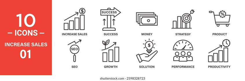 Ten line icons illustrate sales increase strategies, including SEO, growth, money, success, and productivity.