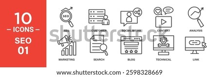 Ten line icons illustrating key SEO concepts: SEO, customer, social media, content, analysis, marketing, search, blog, technical, and link building.