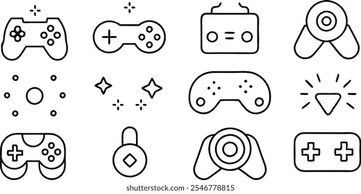 Dez ícones de linha representando vários controladores de jogo e símbolos relacionados a jogos. Adequado para uso em design de site e aplicativo.