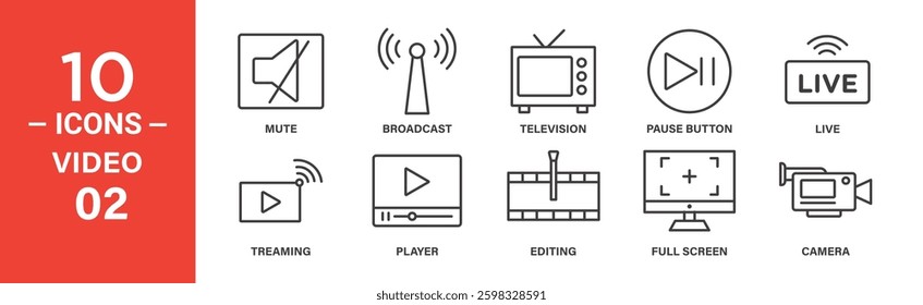 Ten line icons representing video-related functions: mute, broadcast, television, pause button, live stream, streaming, player, editing, full screen, and camera.