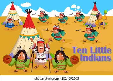 Ten Little Indians, Kids English Nursery Rhymes book illustration in vector