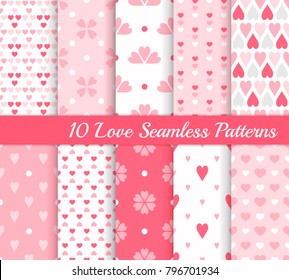 Ten love seamless patterns. Romantic pink backgrounds for Valentine's, Mother's or wedding day. Different endless texture for wallpaper, web page, wrapping paper and etc. Retro style. 
