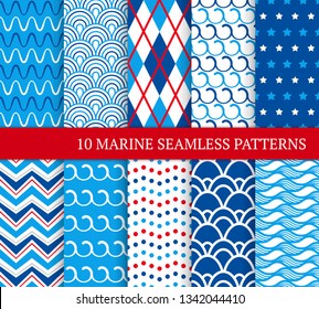 Ten marine different seamless patterns. Vector illustration for nautical design. Endless texture can be used for fills, web page background. Set of sea backdrop with zigzags, waves, tiles and dots.