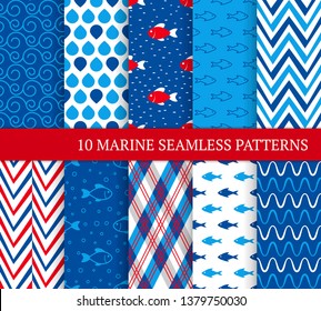 Ten marine different seamless patterns. Vector illustration for nautical design. Endless retro background. Set of sea  backdrop with waves, zig zags and fishes
