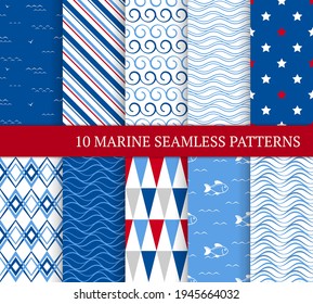 Ten marine different seamless patterns. Vector illustration for nautical design. Endless texture can be used for fills, web page background, surface. Set of sea  backdrop with waves and fishes