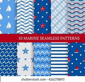 Ten marine different seamless patterns. Vector illustration for nautical design. Endless texture can be used for fills, web, surface. Set of sea  backdrop with wave, yacht, sea star and etc.