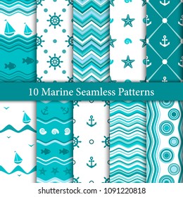 Ten marine seamless patterns in white and blue colors