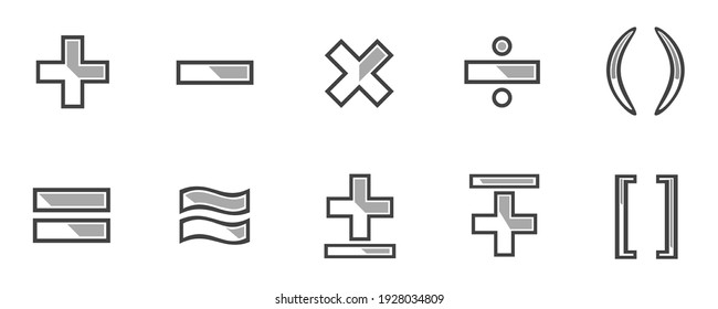 ten math sign symbol set pack formula, plus, minus, times, multiply, divide, parentheses, equal