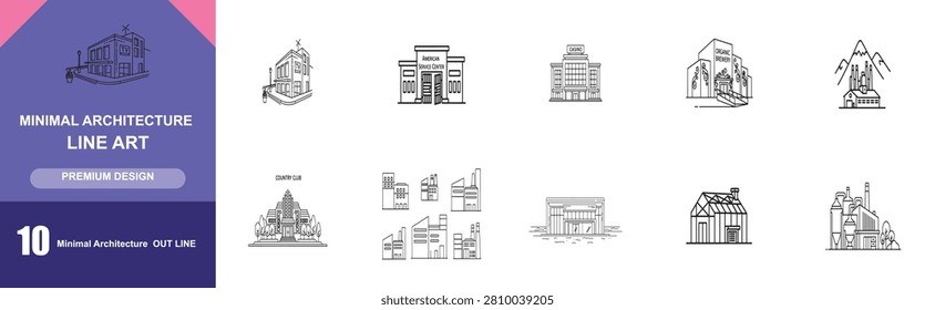 Ten minimal architectural outlines including brewery country club greenhouse and manufacturing plants for industrial graphics.
