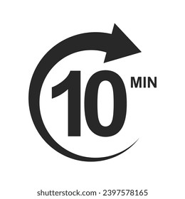 Ten minutes icon with circle arrow. Stopwatch symbol. 10 min countdawn sign. Sport or cooking timer isolated on white background. Delivery, deadline, duration pictogram. Vector graphic illustration