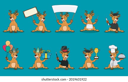 Ten Models Character Deer For Illustration, Blue Colors Background, Mascot, Icon, Character or Logo, Vector and Illustration.