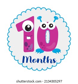 Ten months old - Baby Milestone card. Cute design with  purple little monster illustration.
