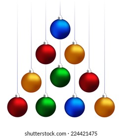 Ten multicolored christmas balls hanging like fir tree isolated on white background