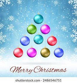 Ten multicolored Christmas balls hanging like fir tree on blue background with snowflakes. Vector illustration