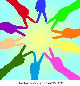 Ten multi-colored hands folded sun on a blue background .