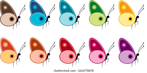 ten multi-coloured graphic vector butterflies 