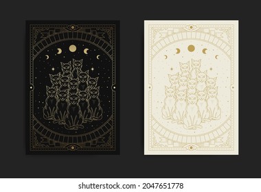 Ten mystical and magical black cats, mythological animals at starry night in engraving, hand drawn, line art, luxury, celestial, esoteric, boho style