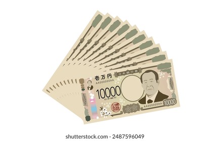 Ten new 10,000 yen bills stacked on top of each other - Translation: Bank of Japan Yen, 10,000 Yen
